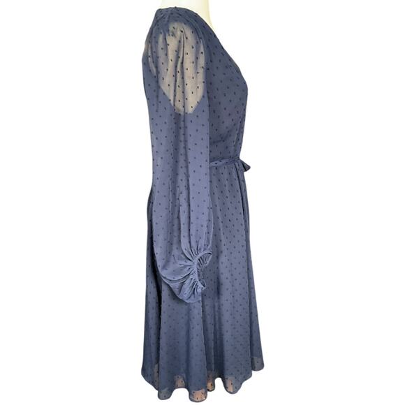 Gal Meets Glam Size 4 Navy Swiss Dot Belted Midi Sheer Elegant Old Money Classic - Picture 4 of 11